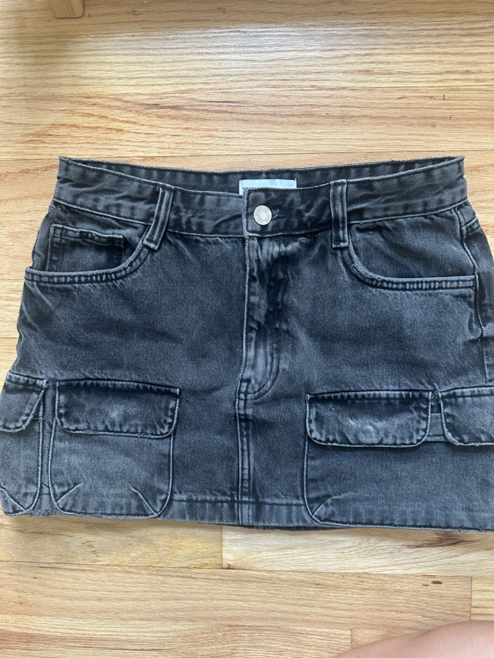 Zara Black Washed Denim Mini Skirt with Cargo Pockets